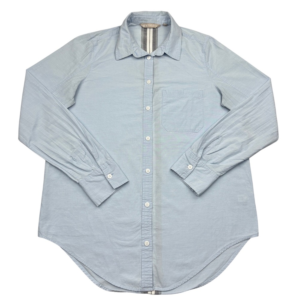 Athleta Womens Small Blue Button Down Shirt Stripe Back Cotton Viscose Tunic Top